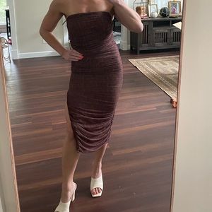 HOUSE OF CB LONDON Strapless Rouched Bodycon Midi Dress Size Small